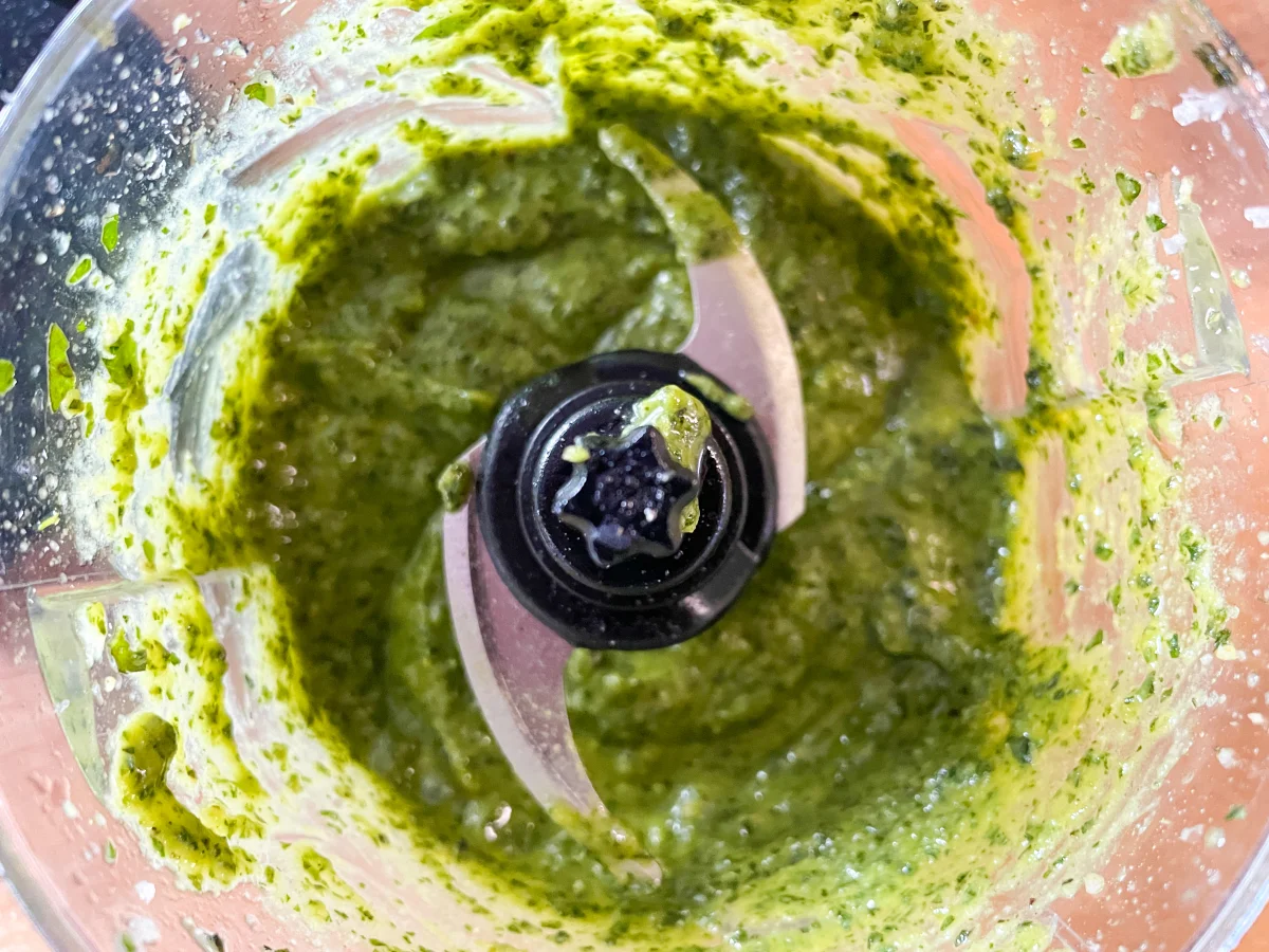 Blitzed pesto in a food processor