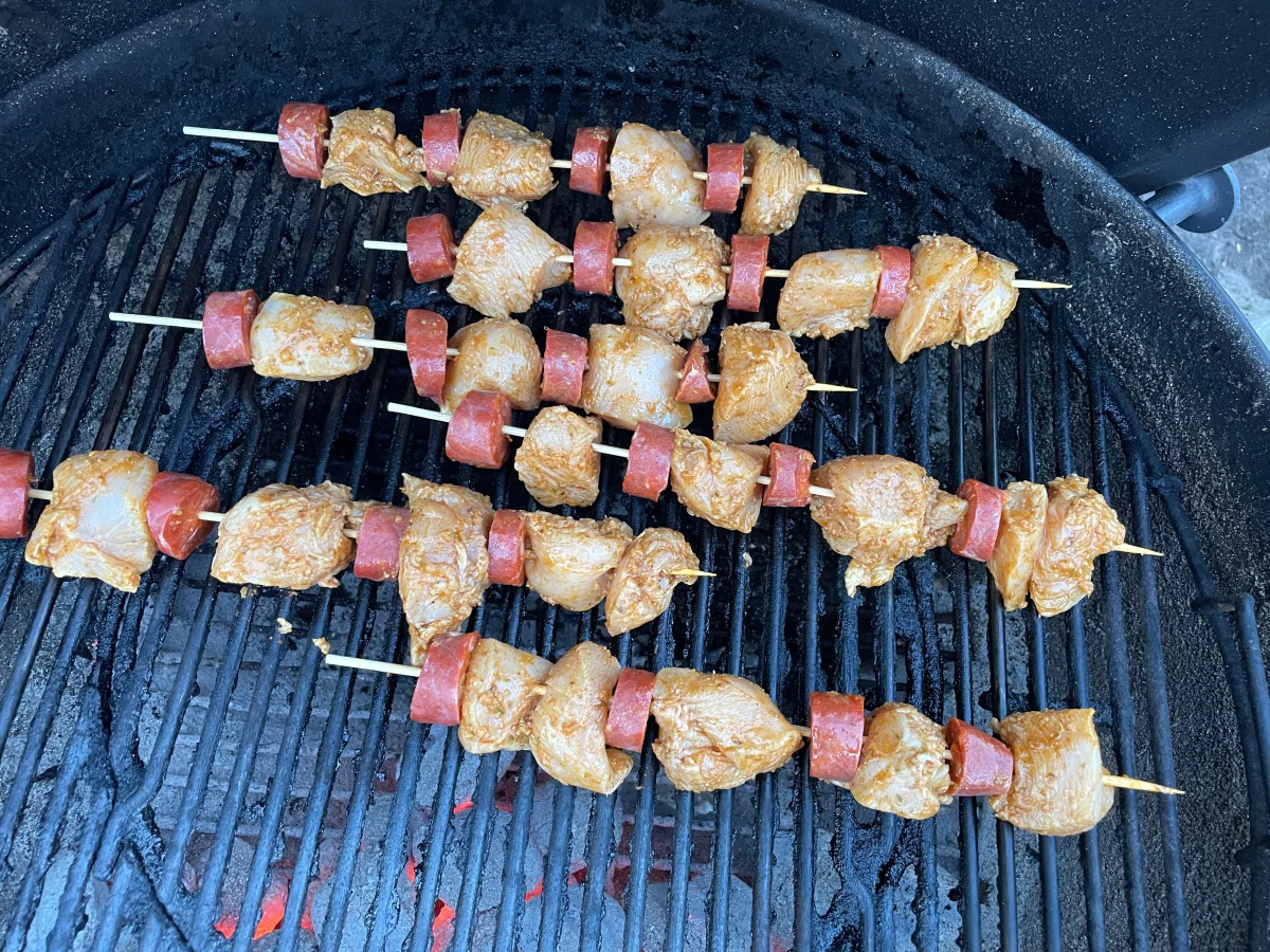 Chicken and chorizo skewers on a BBQ/grill
