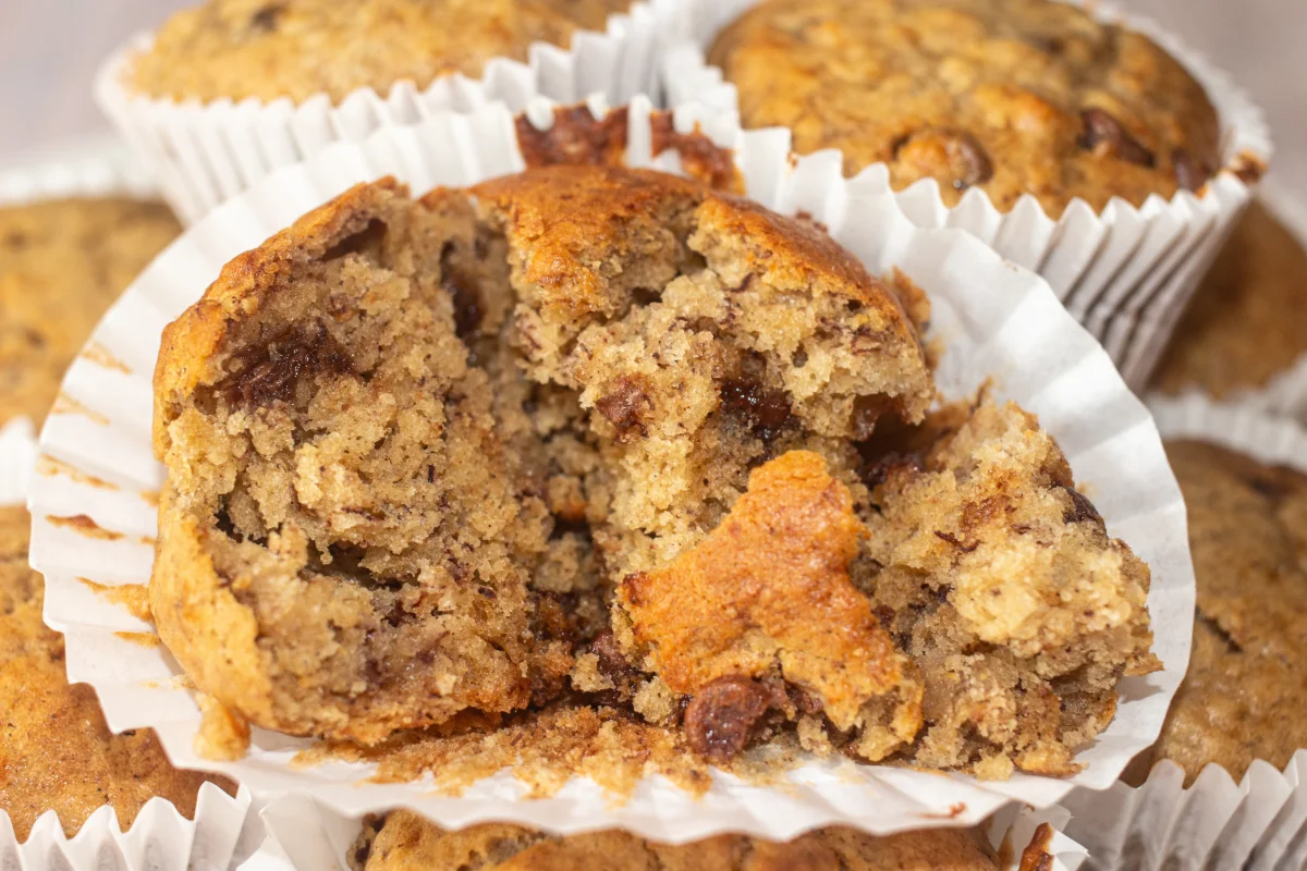 Inside of a banana chocolate chip muffin