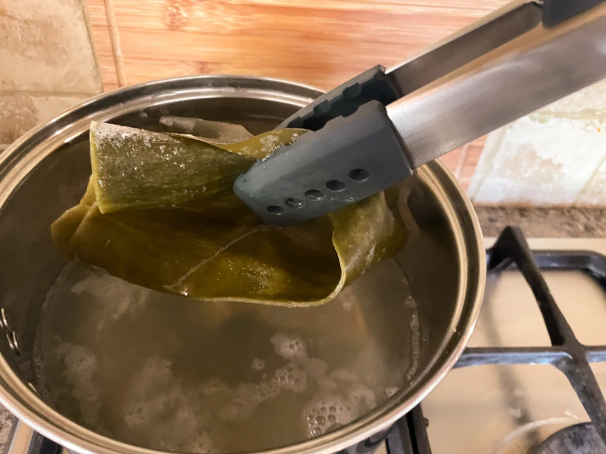 Kombu beign removed from the dashi