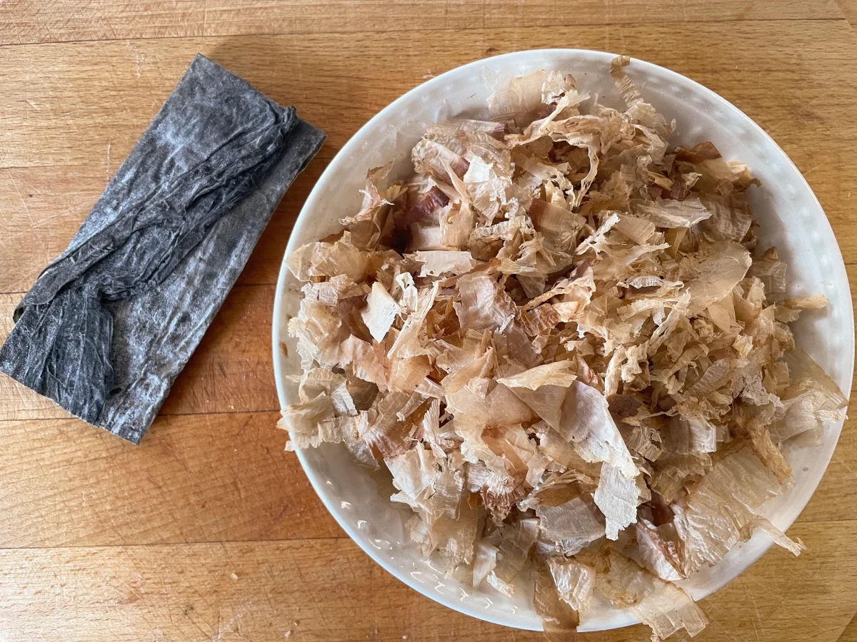 Mise en place for the dashi show kombu and katsuobushi