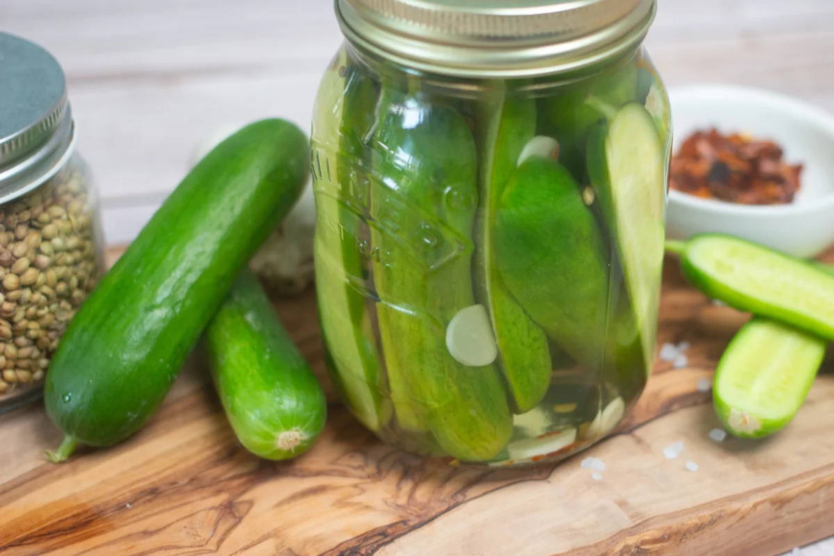 Pickled cucumbers in a jar surrounded by coriander seeds, chilli flakes and baby cucumbers