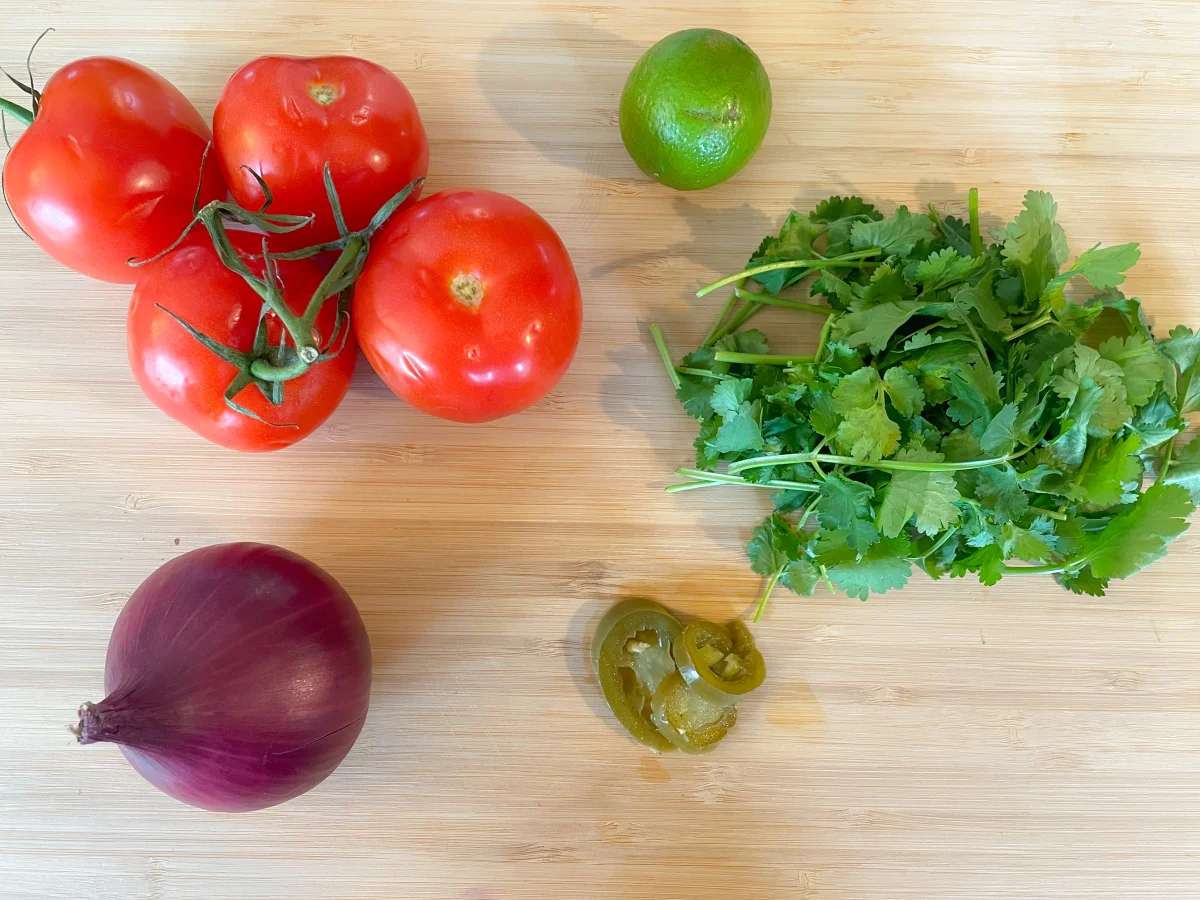 Salsa Fresca Ingredients on a wooden chopping board